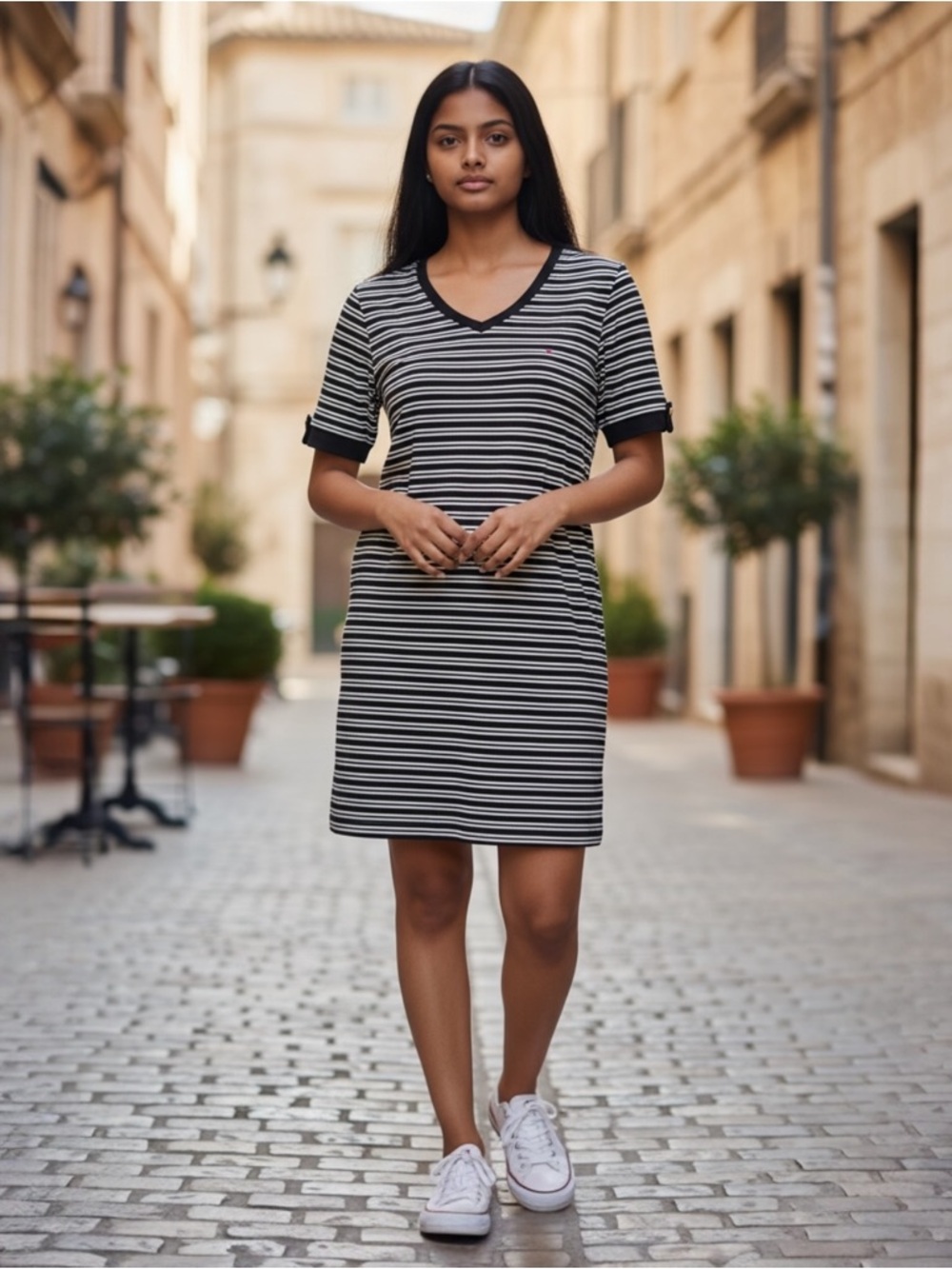Tommy Hilfiger Black and White Striped V‑Neck Dress